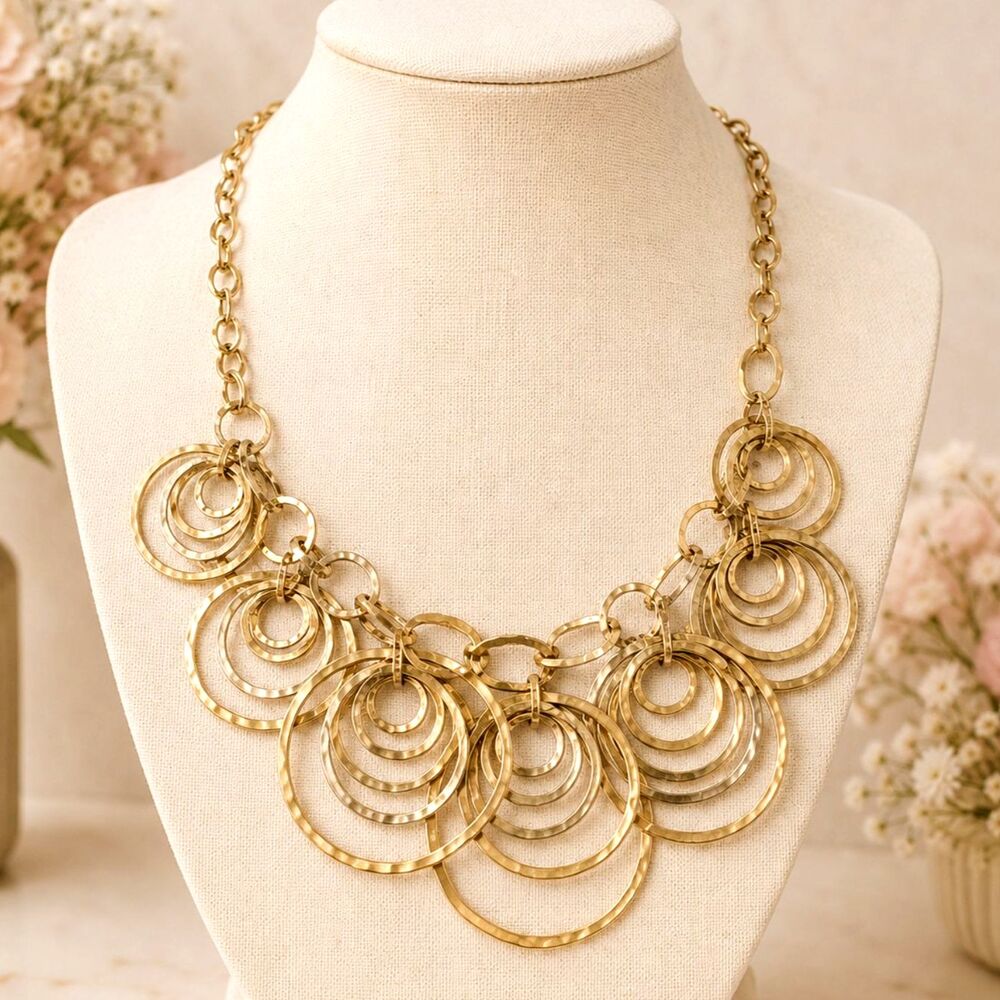 Gold Tone Hammered Circle Bib Statement Necklace Bold Modern Style